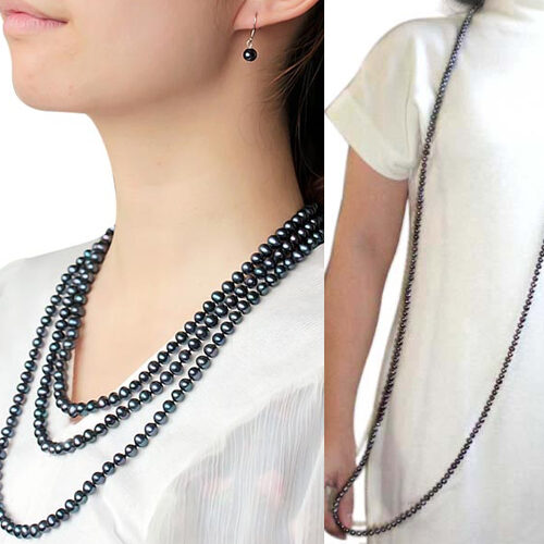 64 Inch Long Claspless Black Genuine Pearl Necklace and 925 Sterling Silver Studs Earrings Set of 2