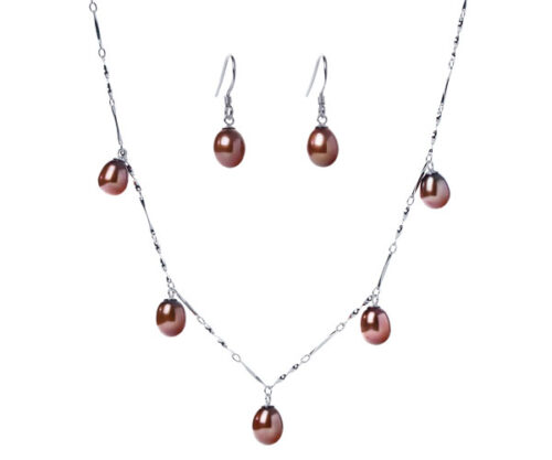 7-8mm Dangling Chocolate Pearl Necklace and Earrings Set