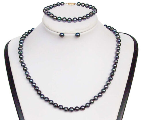 6-7mm Black Pearl Necklace, Bracelet and Earrings Set, 14K Gold