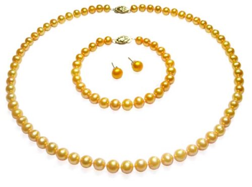 6-7mm Gold Pearl Necklace, Bracelet and Earrings Set, 14K Gold