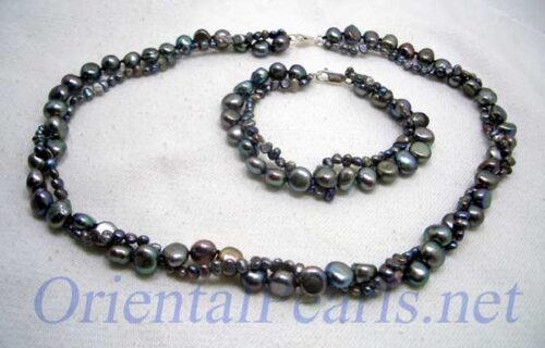 Double Strand Black Baroque Pearl Necklace and Bracelet Set