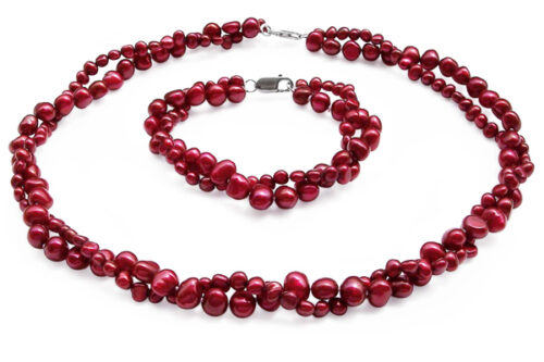 Double Strand Cranberry Baroque Pearl Necklace and Bracelet Set