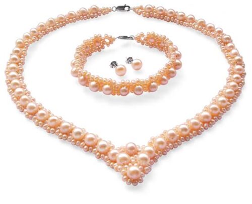 All Pink Pearl Necklace, Bracelet and Earrings Set