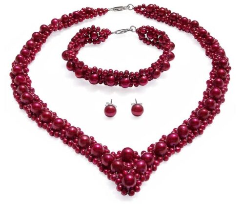 All Cranberry Pearl Necklace, Bracelet and Earrings Set