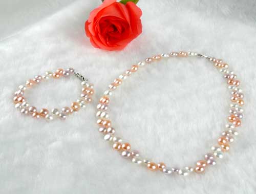 6-7mm Pancake Pearl Necklace and Bracelet Set, 925 Sterling Silver