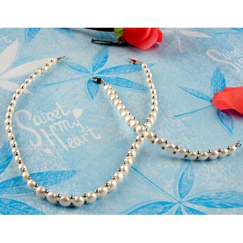 White Button Pearl Necklace and Bracelet Set