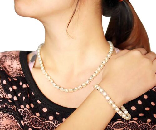 White Button Pearl Necklace and Bracelet Set