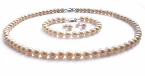 6-7mm White Round Pearl Necklace, Bracelet and Earrings Set