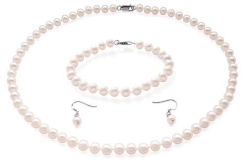 6-7mm White Round Pearl Necklace, Bracelet and Earrings Set