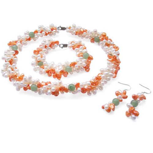 3-Strand Pearl and Jade Combined Necklace Bracelet and Earrings Set