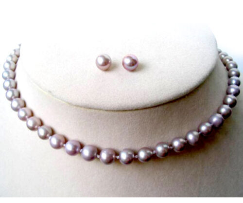 Lavender Round 6-7mm Real Pearl Necklace and Earrings Set of 2 All in 925 Sterling Silver