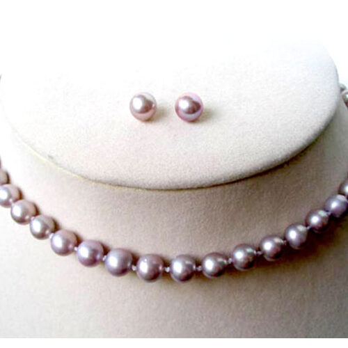 Lavender Round 6-7mm Real Pearl Necklace and Earrings Set of 2 All in 925 Sterling Silver