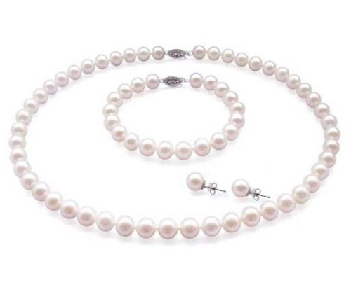 8-8.5mm AAA Gem Quality Round Pearl Set of 3 in 14k White Gold