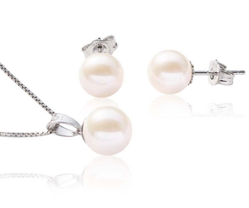 7-8mm Round White Pearl Pendant and Earrings Set