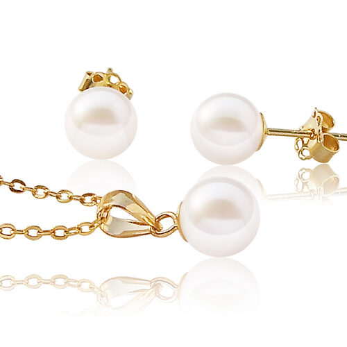 White 6-7mm Round Pearl Pendant and Earrings Set, 14K Yellow Gold