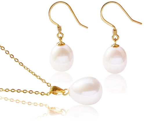 9-10mm AA+ Drop Pearl Earrings and Pendant Set in 14K Yellow Gold