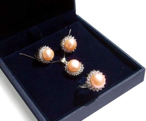 Pink Pearl Necklace, Earrings and Ring Set of 3 in Silver