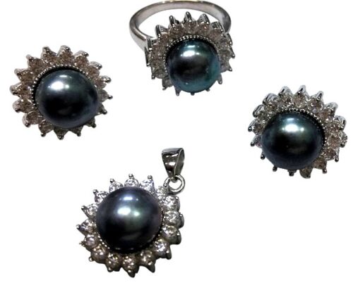 Black Pearl Necklace, Earrings and Ring Set of 3 in Silver