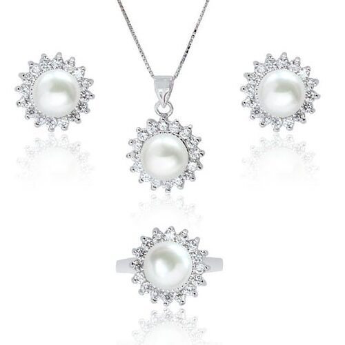 White 9-10mm Pearl Necklace, Earrings and Ring Set in Silver, 16in SS Chain