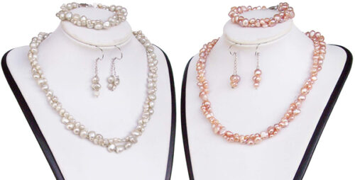 White and Pink 4-5mm and 7-8mm Baroque Pearl Necklace, Bracelet and Earrings Set of 3, 925 SS