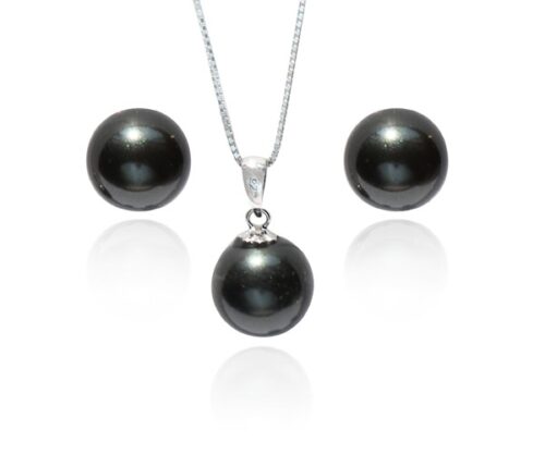 Black 8mm Southsea Shell Pearl Necklace and Earrings Sterling Silver Set
