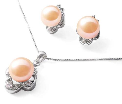 Pink High AAA Quality Pearl Necklace and Earrings Sterling Silver Set