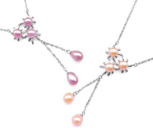 Pink and Mauve Triple Flower Designer Pearl Pendants in 925 Sterling Silver, Spring Ring Clasps