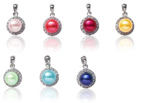 Baby Pink, Red, Cranberry, Light Green, Blue and Navy Blue 7-8mm Cultured Pearl Pendants in 925 Sterling Silver Settings, 16in Silver Chains