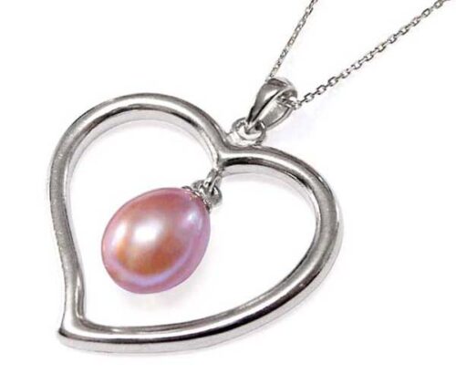 Mauve Large Heart Shaped Silver Pearl Pendant with Silver Necklace, 925 Sterling Silver