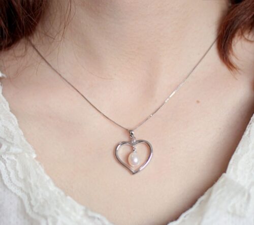 White Large Heart Shaped Silver Pearl Pendant with Silver Necklace, 925 SS