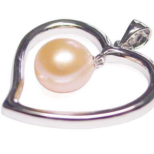 Pink Large Heart Shaped Silver Pearl Pendant with Silver Necklace, 925 SS
