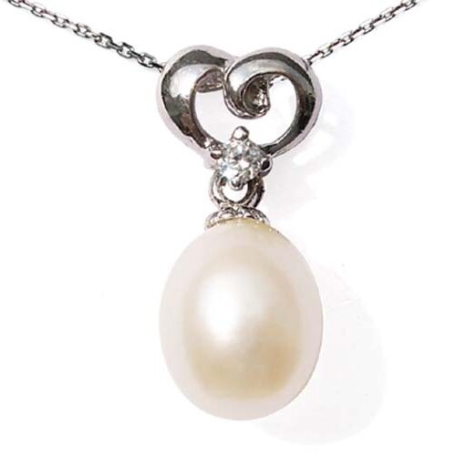 White 7-8mm Genuine Drop Pearl Silver Pendant with Heart Bail
