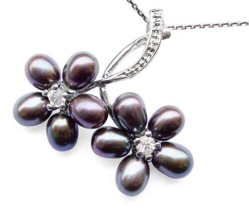 Black 5-6mm Twin Flower Cluster Pearl Pendant. Free 16in SS Chain