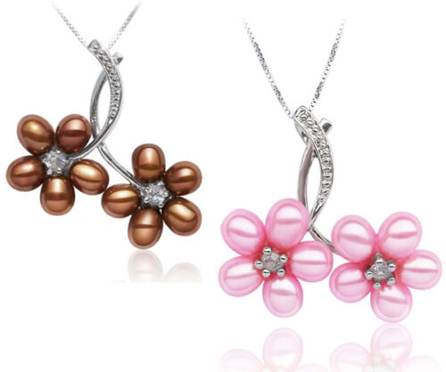 Chocolate and Baby Pink 5-6mm Twin Flower Cluster Pearl Pendants, Free 16inch Sterling Silver Chains