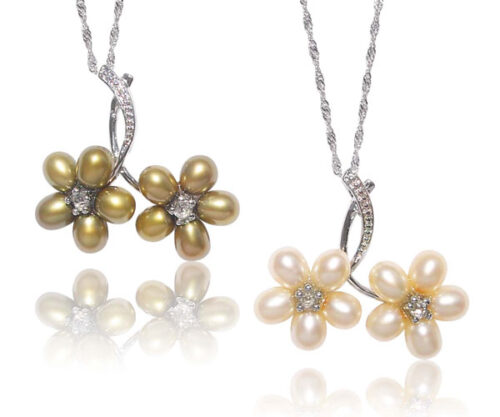 Dark Golden Rod and Champagne 5-6mm Twin Flower Cluster Pearl Pendant. Free 16in SS Chain