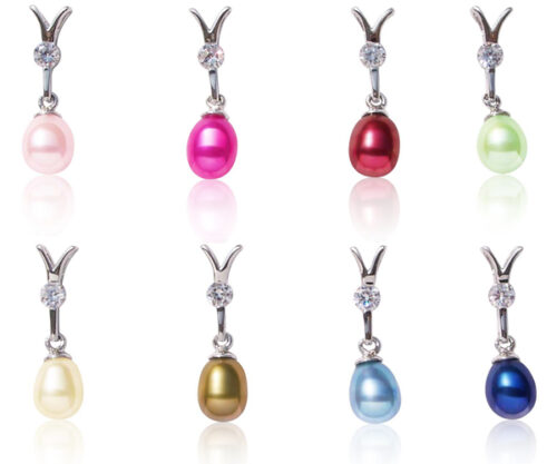 Baby Pink, Hot Pink, Cranberry, Light Green, Champagne, Golden Hot Rod, Royal Blue and Navy Blue 7-8mm Y Design Cultured Tear Drop Pearl Silver Pendants, 16in Silver Chains