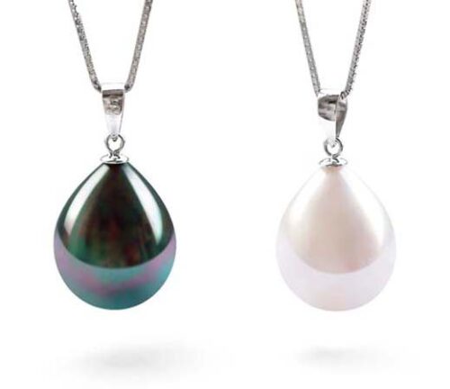 Black and White 13x16mm Drop Shaped Southsea Shell Pearl Pendants with FREE Sterling Silver Necklaces