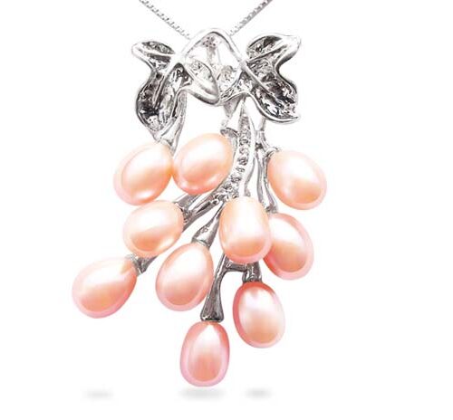 Pink 5-6mm Clustered 10 Pearl 16inch Sterling Silver Necklace