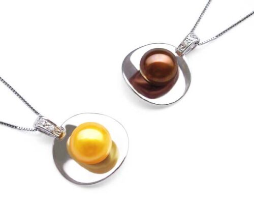Gold and Chocolate Large 9-10mm Pearl 925 Sterling Silver Pendants with Free Silver Chains