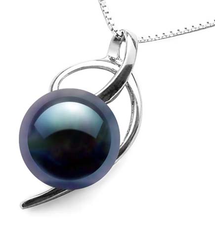 Black Large 10mm SS Pearl Pendant, Free 16in Long SS Chain
