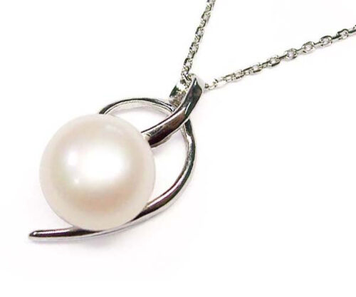 White Large 10mm SS Pearl Pendant, Free 16in Long SS Chain