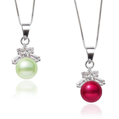 Light Green and Cranberry 7-8mm Pearl 925 SS Pendant in Bowknot Design