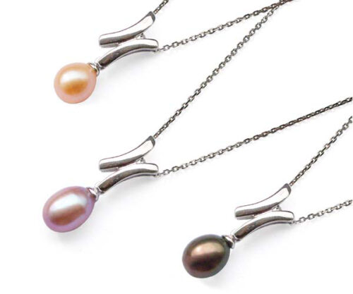 Mauve, Pink and Black Teardrop Pearl Pendants in 925 Sterling Silver, 16inch Chains