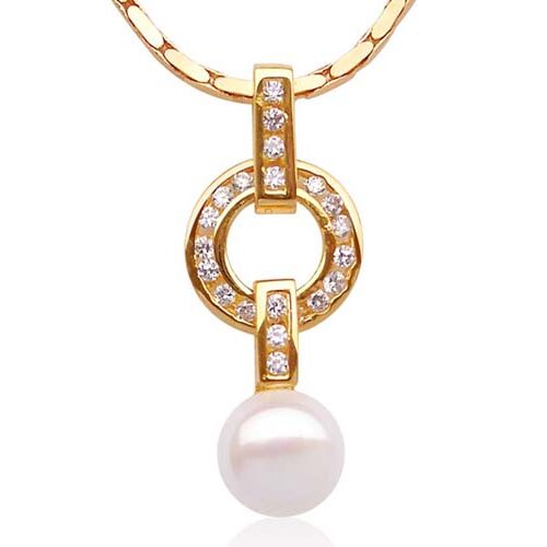 White 9-10mm Freshwater Pearl Pendant, 18K Yellow Gold Overlay, Adjustable Chain