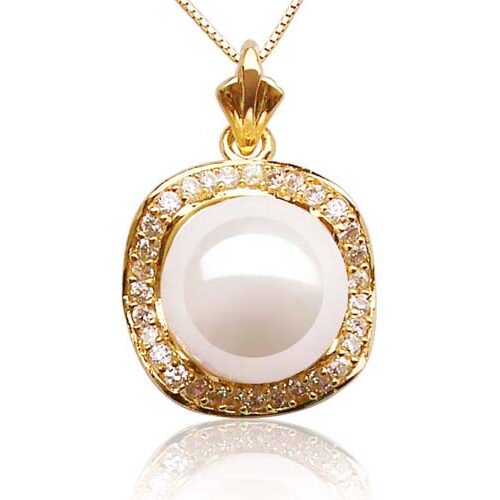 White 14mm Southsea Shell Pearl Pendant, 18K YG Overlay, Adjustable Chain