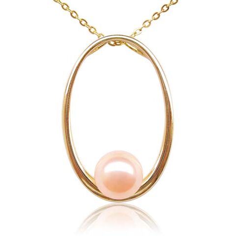 Pink 8-9mm Round Pearl in a 14k Solid Yellow Gold Large Hoop Pendant