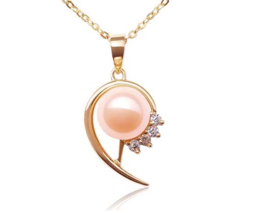 Pink 8-9mm Round Pearl Pendant with CZ Diamonds, 14k Solid YG