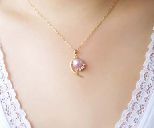 Mauve 8-9mm Round Pearl Pendant with CZ Diamonds, 14k Solid YG