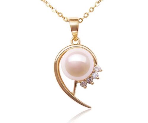 White 8-9mm Round Pearl Pendant with CZ Diamonds, 14k Solid YG