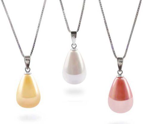 Gold, White and Pink Large 10x14mm Drop Shaped SSS SS Pearl Pendant and Free 16in Long Silver Necklace
